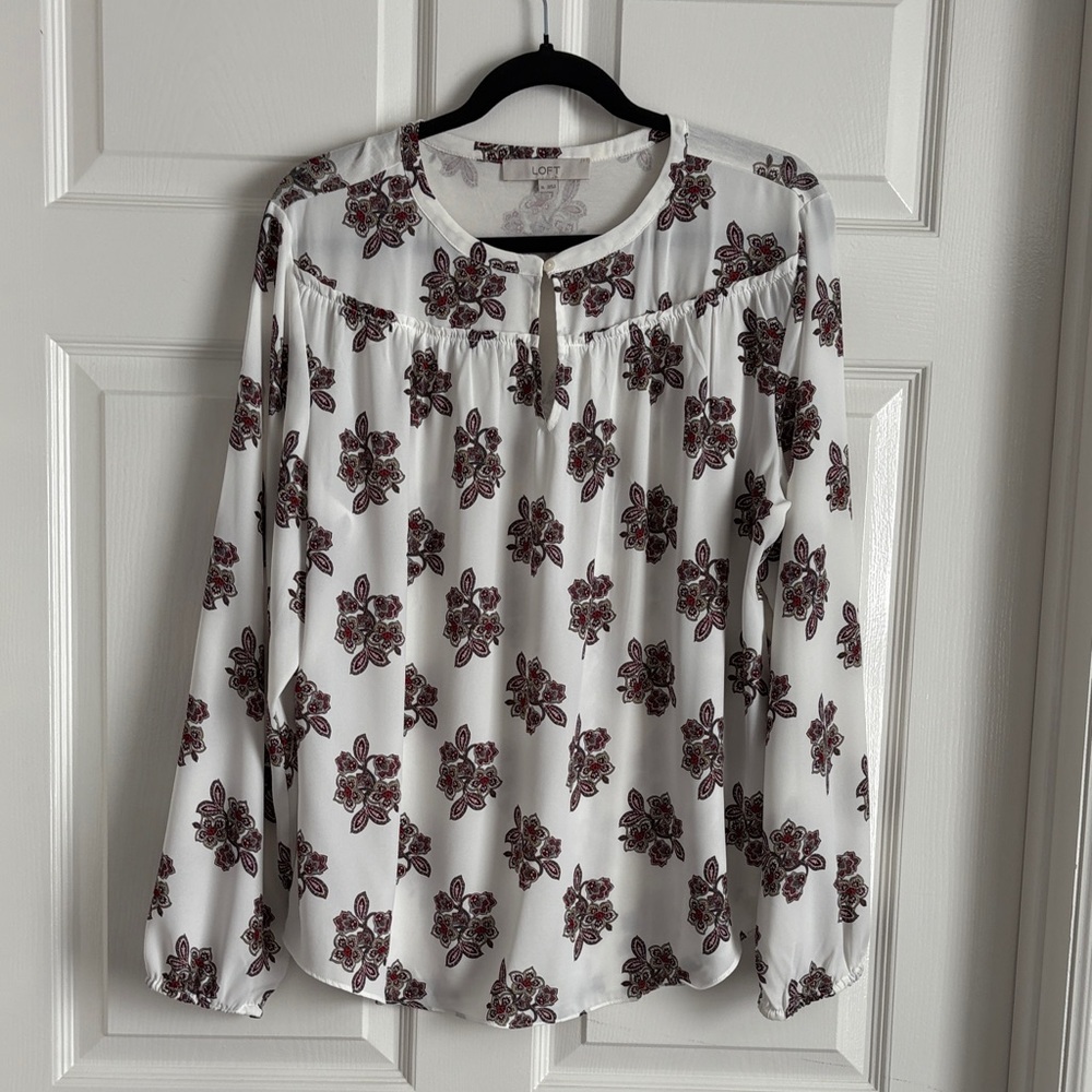 LOFT Floral Blouse in White and Red